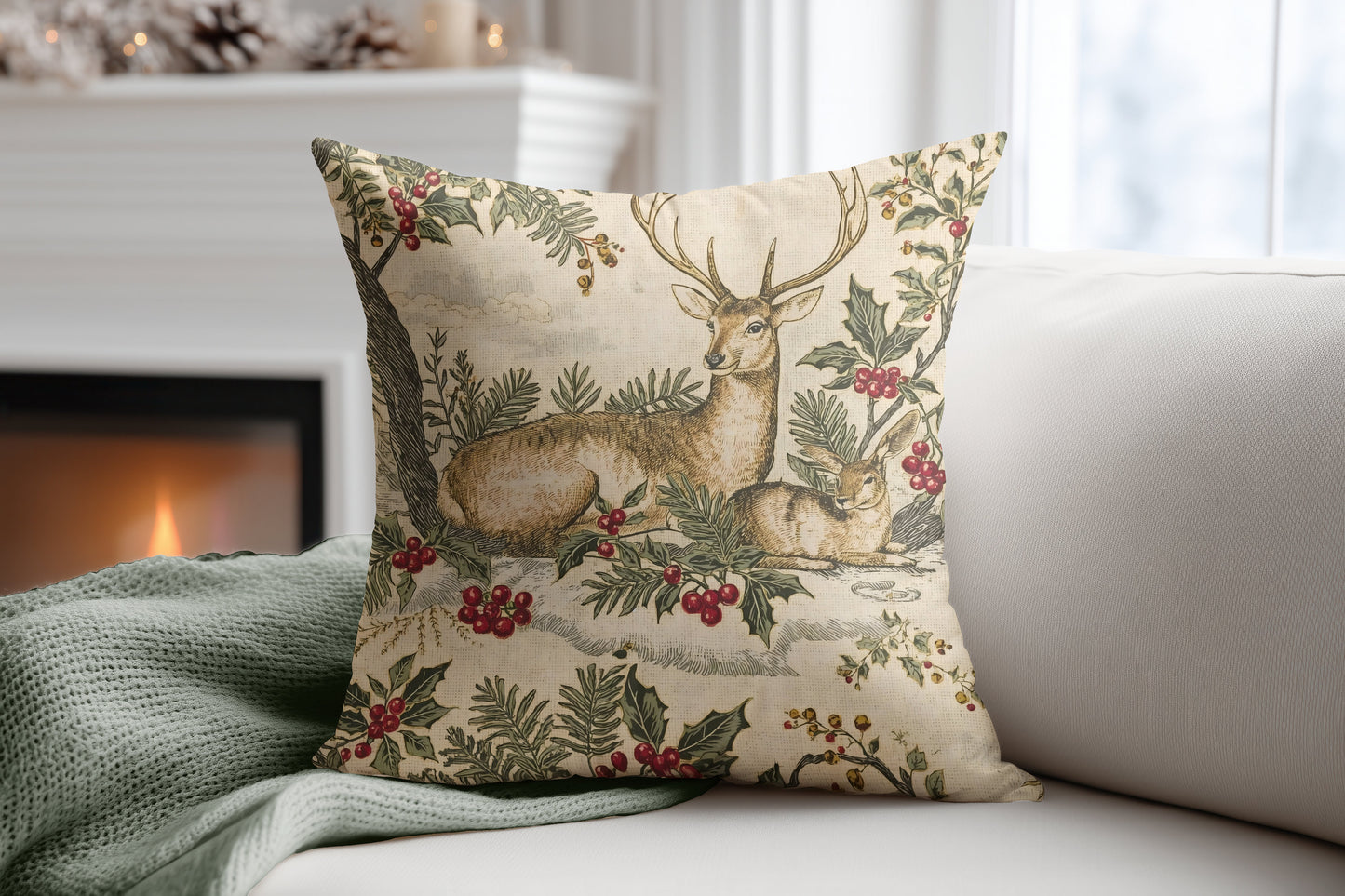 Deer in Winter Garden Pillow Cover | Vintage Holiday Toile Cushion | Fly De Lis