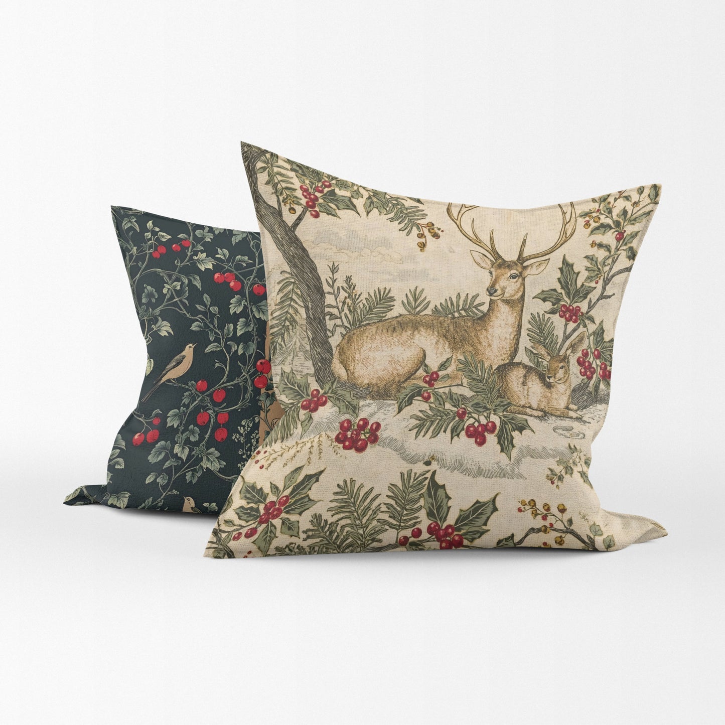 Deer in Winter Garden Pillow Cover | Vintage Holiday Toile Cushion | Fly De Lis