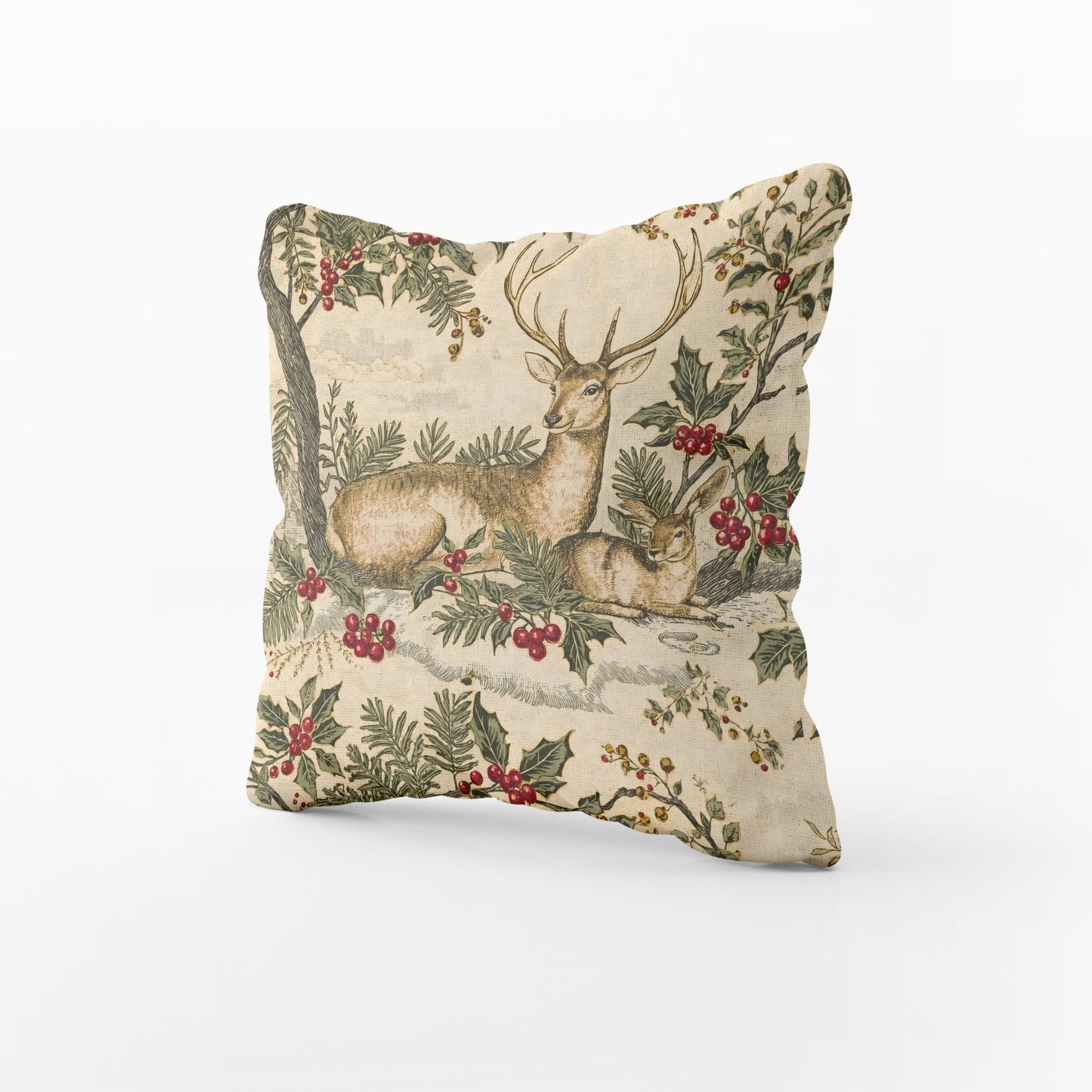 Deer in Winter Garden Pillow Cover | Vintage Holiday Toile Cushion | Fly De Lis