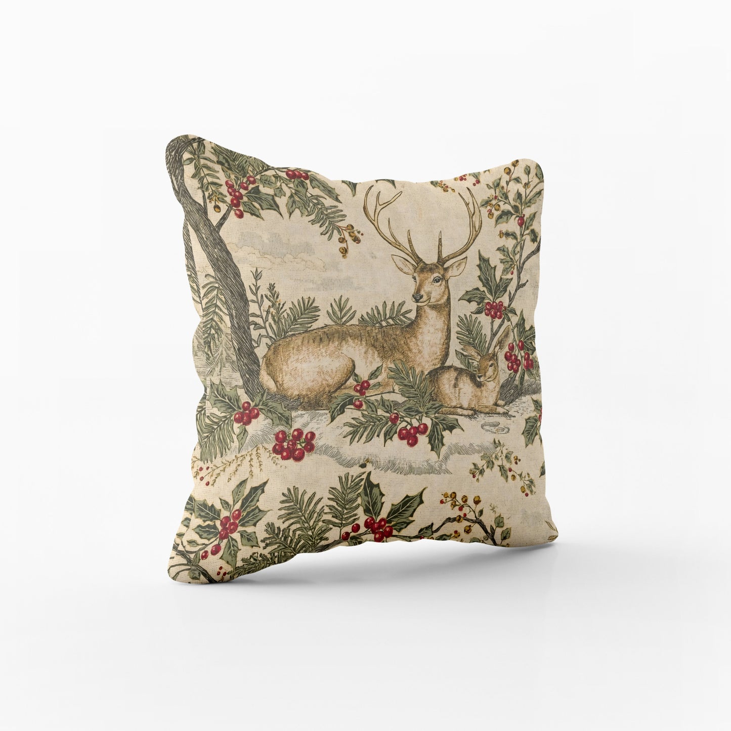 Deer in Winter Garden Pillow Cover | Vintage Holiday Toile Cushion | Fly De Lis