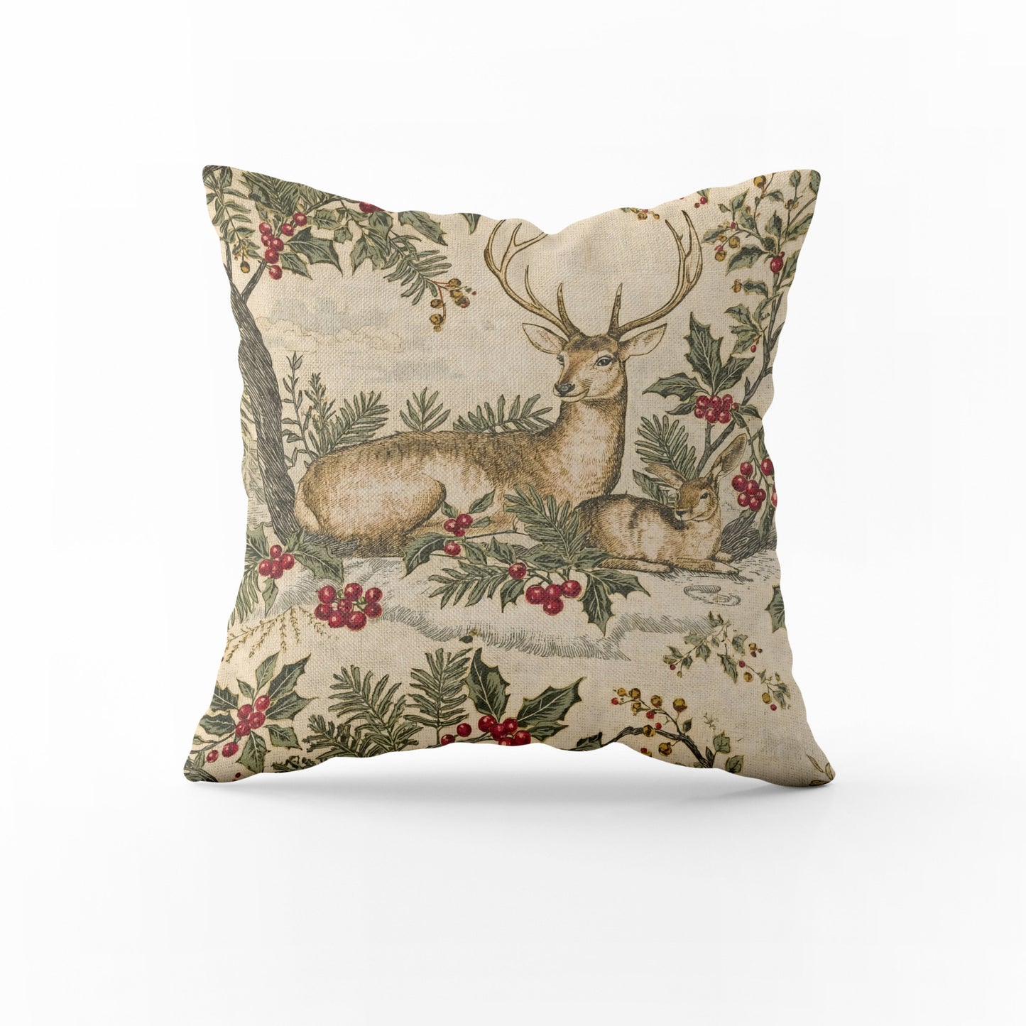 Deer in Winter Garden Pillow Cover | Vintage Holiday Toile Cushion | Fly De Lis
